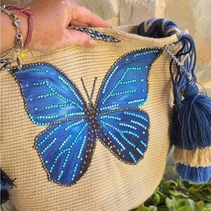 Blue Butterfly Embellished Women's Bag